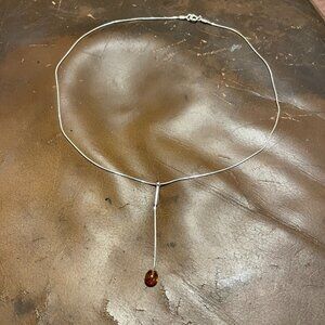 Women's Sterling Silver 15" Necklace w/ 2" Drop Amber Piece